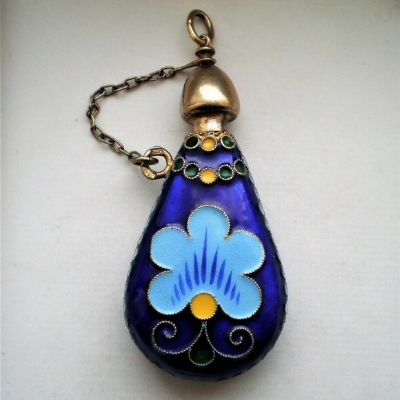 Russian USSR Gilded Sterling Silver 916 Cloisonne Enamel Perfume Bottle Pendant